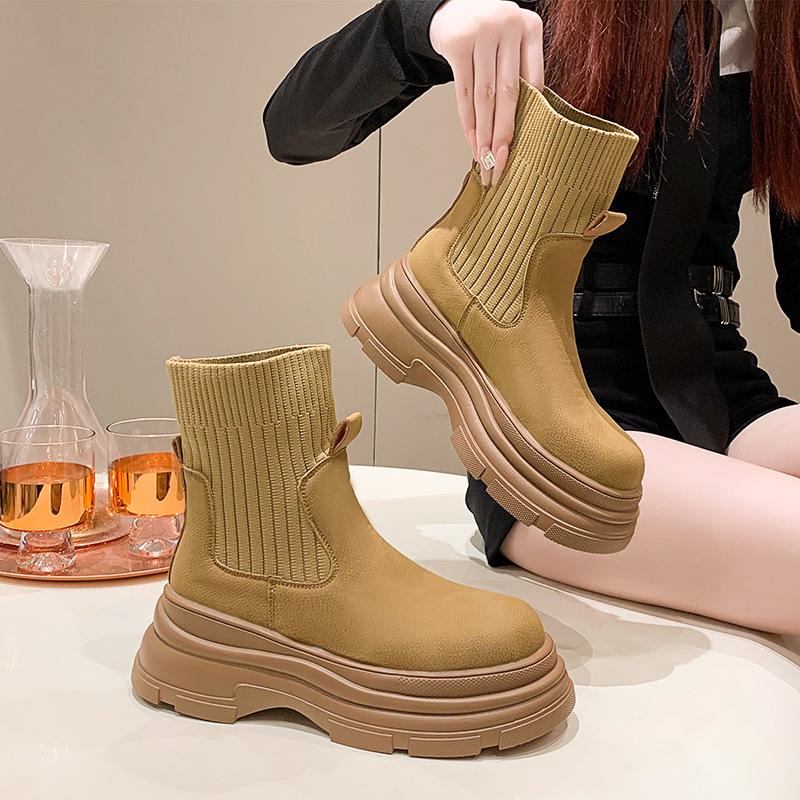 Короткие ботинки на толстой подошве женские новые осенне-зимние эластичные вязаные тонкие ботинки увеличивающие рост ботинки Мартина одинарная обувь ботинки-носки