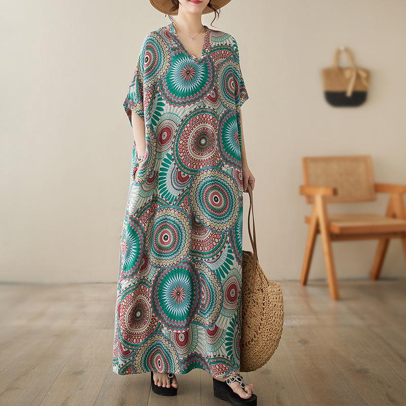 Летнее женское пляжное платье больших размеров из хлопка и льна с принтом и V-образным вырезом, свободное, простое, в стиле отпуска, длинное платье