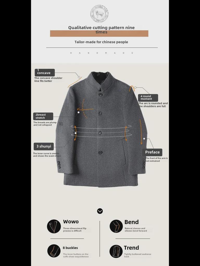 Мужское шерстяное пальто средней длины с мехом норки, съемной подкладкой из гусиного пуха и воротником-стойкой