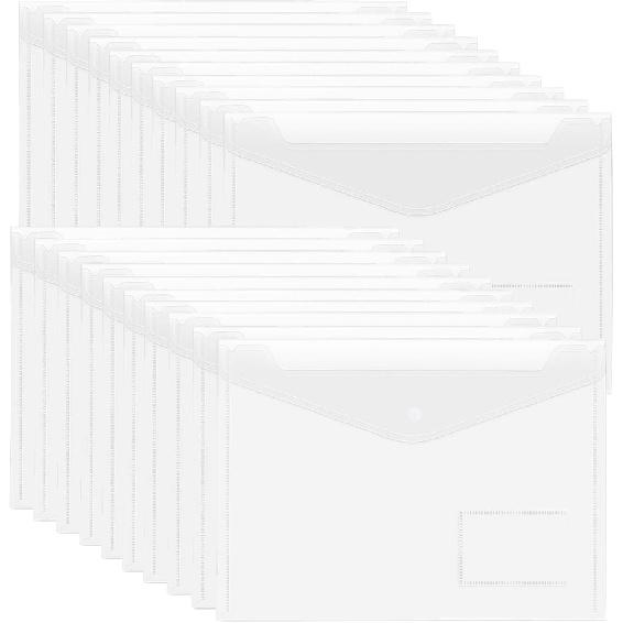 20pcs Plastic Envelopes, Clear Envelopes with Snap Button Closure, Document Folders Letter Size A4 Size File Envelopes with Label Pocket for School