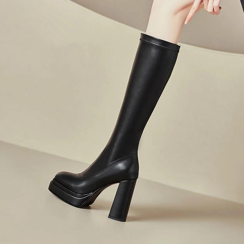 Высокие ботинки Осень Новые Круглый носок Боковая молния Платформа Нескользящие Износостойкие Квадратный каблук Высокий каблук Ботинки