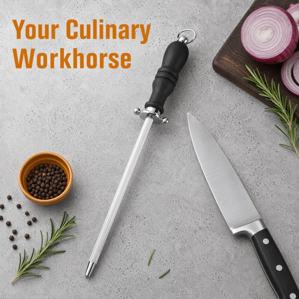 Ergonomic Handle Sharpening Steel Rod Silver and Black Honing Steel Rod Chef Butcher