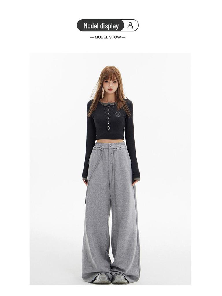 Women's 2-Color Elastic Waist Wide-Leg Pants with Drawstring - Spring 2025 Casual Slim Straight Floor-Length Drape Style