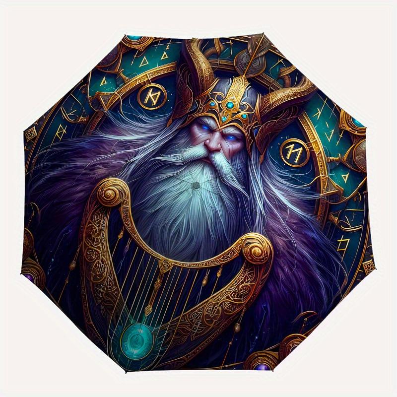 Viking Warrior Fantasy Art Print, Norse Mythology Decor Umbrella, Cute Umbrella with Cute Design, Portable 3-Fold Compact Umbrella for Men & Women, Va