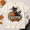 Creepin It Real Halloween Cat T-Shirt, Vintage Spooky Black Cat Tee, Retro Pumpkin Graphic Shirt, Cute Fall Cat Mom Gift for Halloween