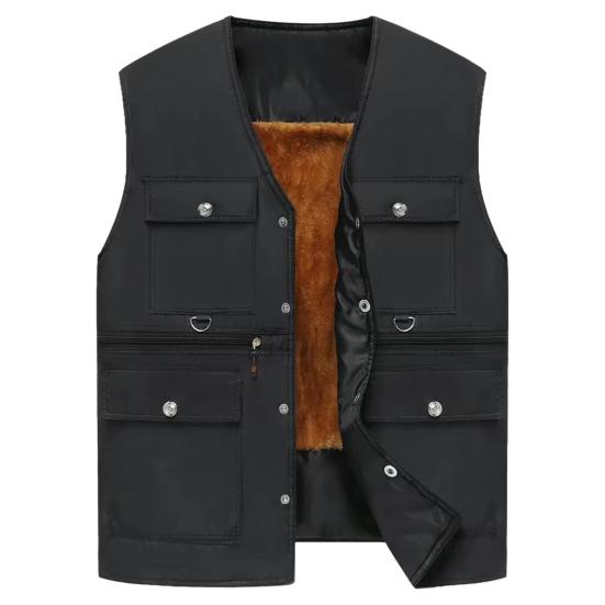 Мужской осенне-зимний жилет, толстый плюшевый жилет без рукавов на молнии с V-образным вырезом, сплошной цвет с несколькими карманами, жилет среднего возраста для отца-рыбалки, мужской зимний жилет, пальто