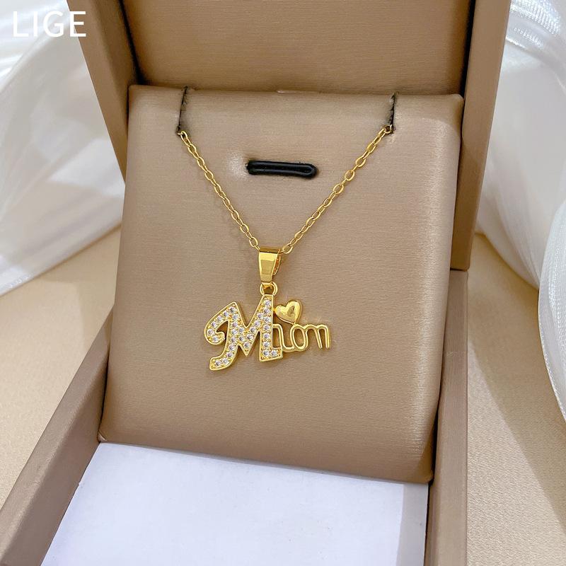 Love Full Diamond Mama Fashion Light Luxury Temperament Gorgeous Full Diamond Necklace Female Versatile Collarbone Chain Titanium Steel