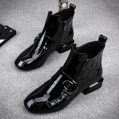 2024 Весенние ботильоны женские зимние одинарные туфли бархатные на низком каблуке лакированные кожаные заостренные толстые модные женские ботинки размер 42