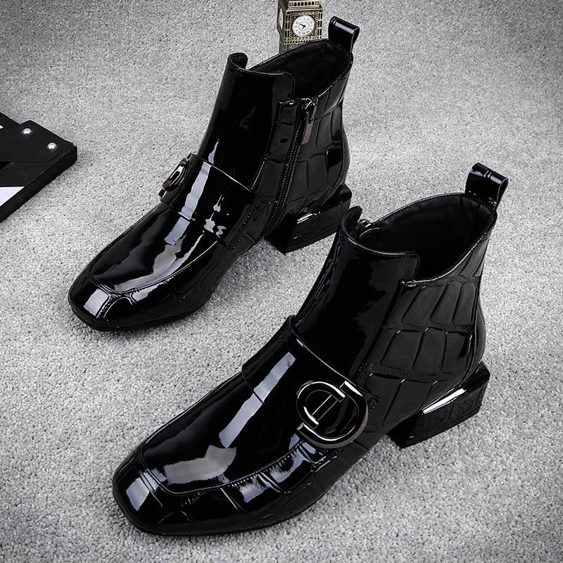 2024 Весенние ботильоны женские зимние одинарные туфли бархатные на низком каблуке лакированные кожаные заостренные толстые модные женские ботинки размер 42