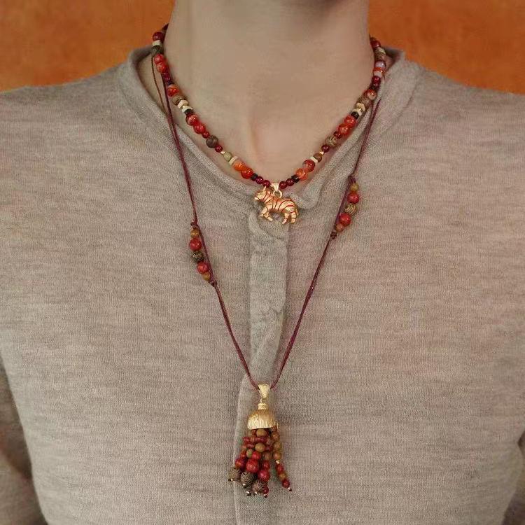 SWAH Vintage Nomadic Style Fruit Tassel Wood Bead Long Necklace with Ear Hook