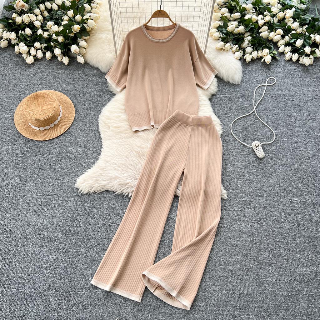 Летний женский трикотажный свитер, брюки, комплект из двух предметов, женский свитер с коротким рукавом, топ и брюки длиной до щиколотки, спортивный костюм