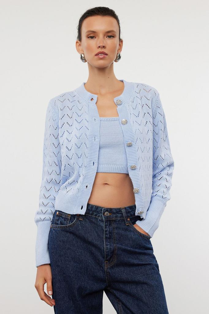Women's Fashionable Stylish Cardigan Blue Button Detailed Openwork Perforated Blouse-Cardigan Set