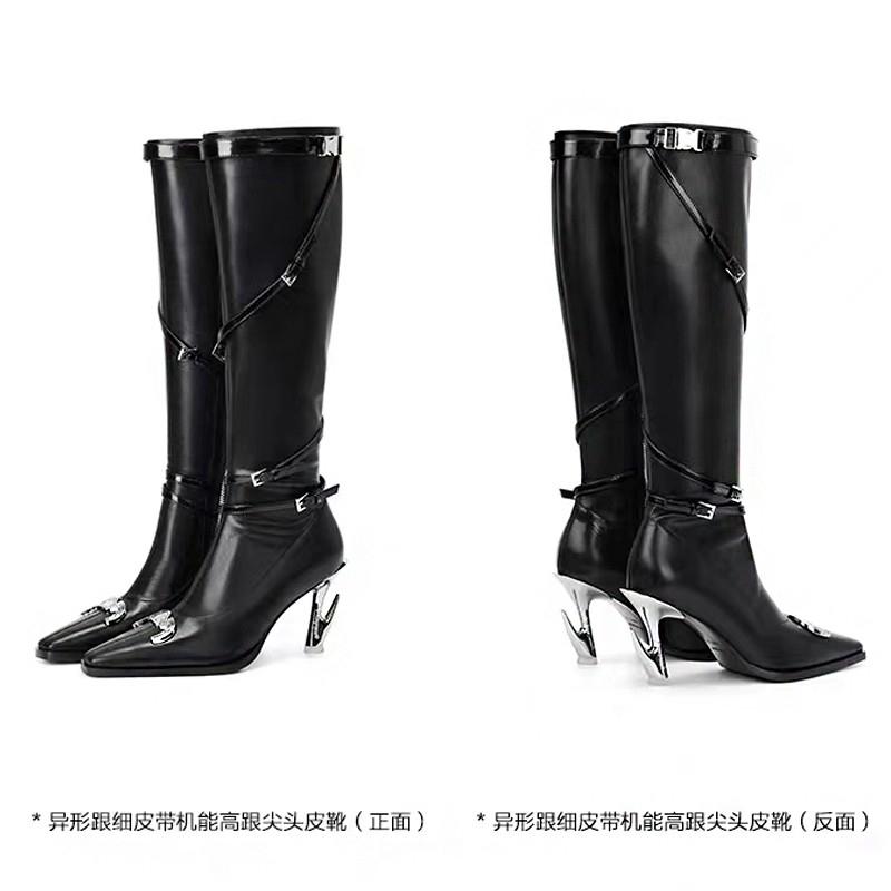 Модные Весна/Лето 2025 Специальный каблук Тонкий ремешок Функциональный Высокий каблук Заостренный носок Кожаные ботфорты Модные ботинки