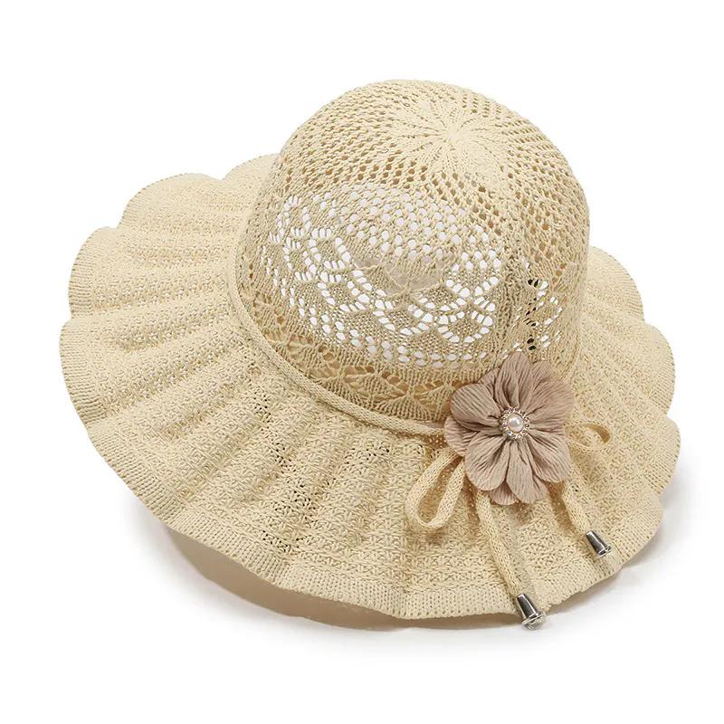 WTEMPO Women Spring Summer Wide Brim Bow Flower Solid Color Sun Hats Hollow-out Outdoor Breathable Foldable Beach Sunscreen Hats