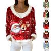 Women's Fashion Plush V Neck Pullover Top Long Sleeve Tee Christmas Printed Sweatshirt