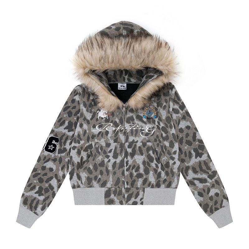 Vintage Leopard Print Hooded Sweatshirt Loose Cropped Cardigan Women Streetwear