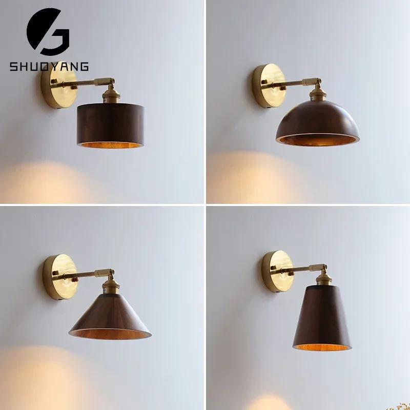 Modern Walnut Wooden Wall Light Fixtures Adjustable Up Down Bedroom Stair Beside Lamp Nordic Copper Wandlamp Luminaira