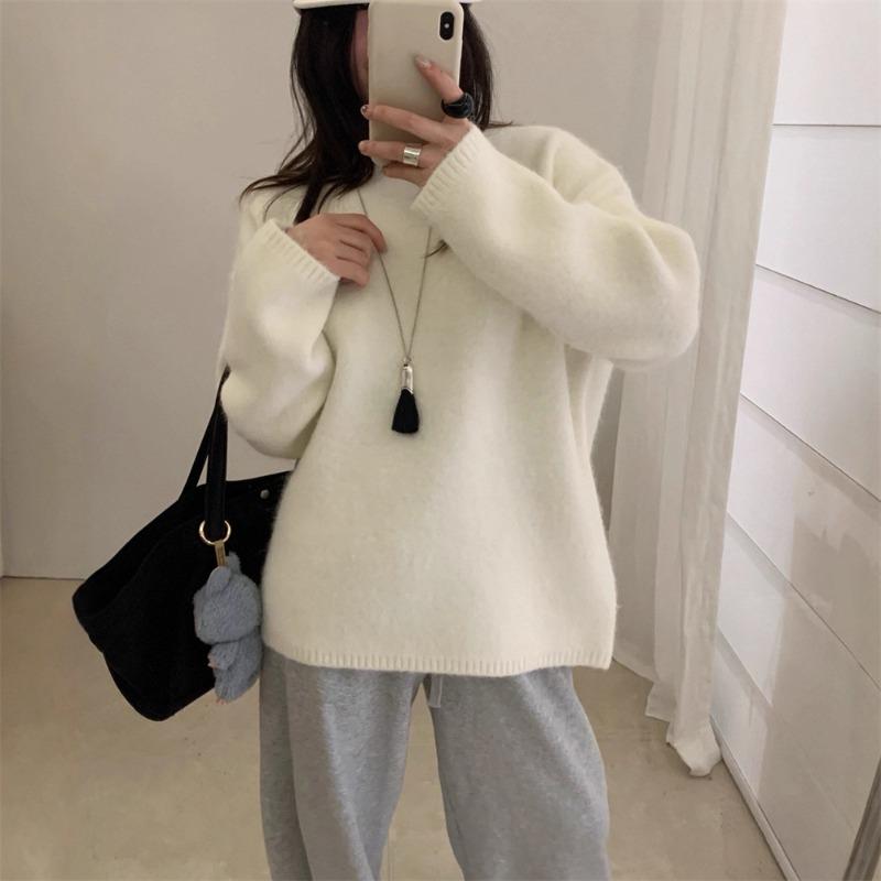 Soft Waxy Hairy Casual Versatile Pullover Sweater Women's Autumn and Winter New Round Neck Loose Warm Knitted Top