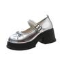 Женские туфли Элегантный каблук Серебряный круглый носок Туфли Мэри Джейн на толстой подошве Весна Осень Новые милые банты Небольшие жемчужины пояс Лоферы