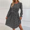 Women's O Neck Long Sleeves Fall Lace Up Print High Waist All Match Dress