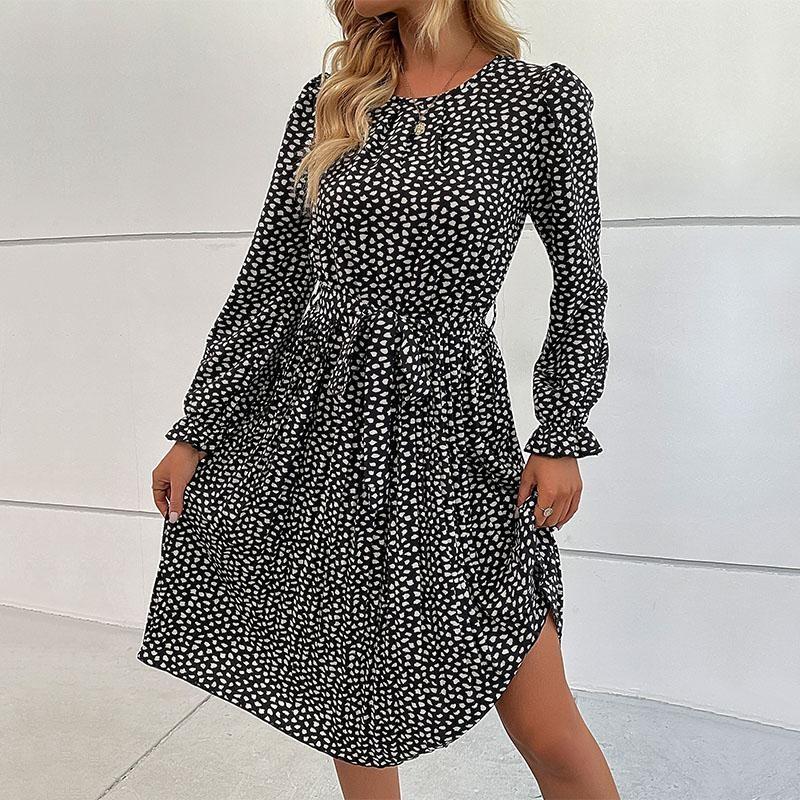 Women's O Neck Long Sleeves Fall Lace Up Print High Waist All Match Dress