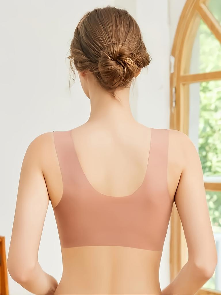 Simple Solid Contrast Lace Front Buckle Bra, Comfy & Breathable Wireless Push Up Bra, Women's Lingerie & Underwear