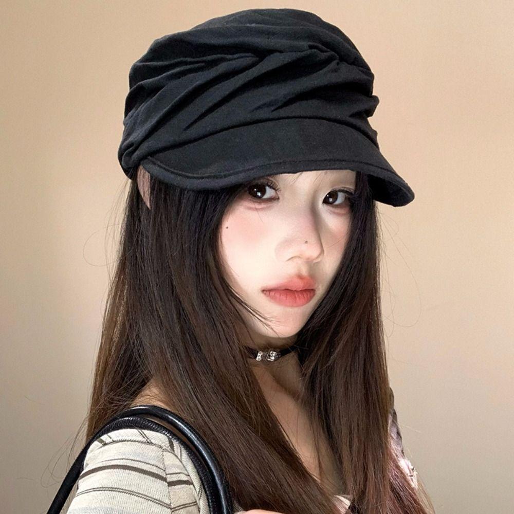 Ins Japanese Linen Berets Pleated Versatile Newsboy Hats Classic Soft Peaked Caps Women