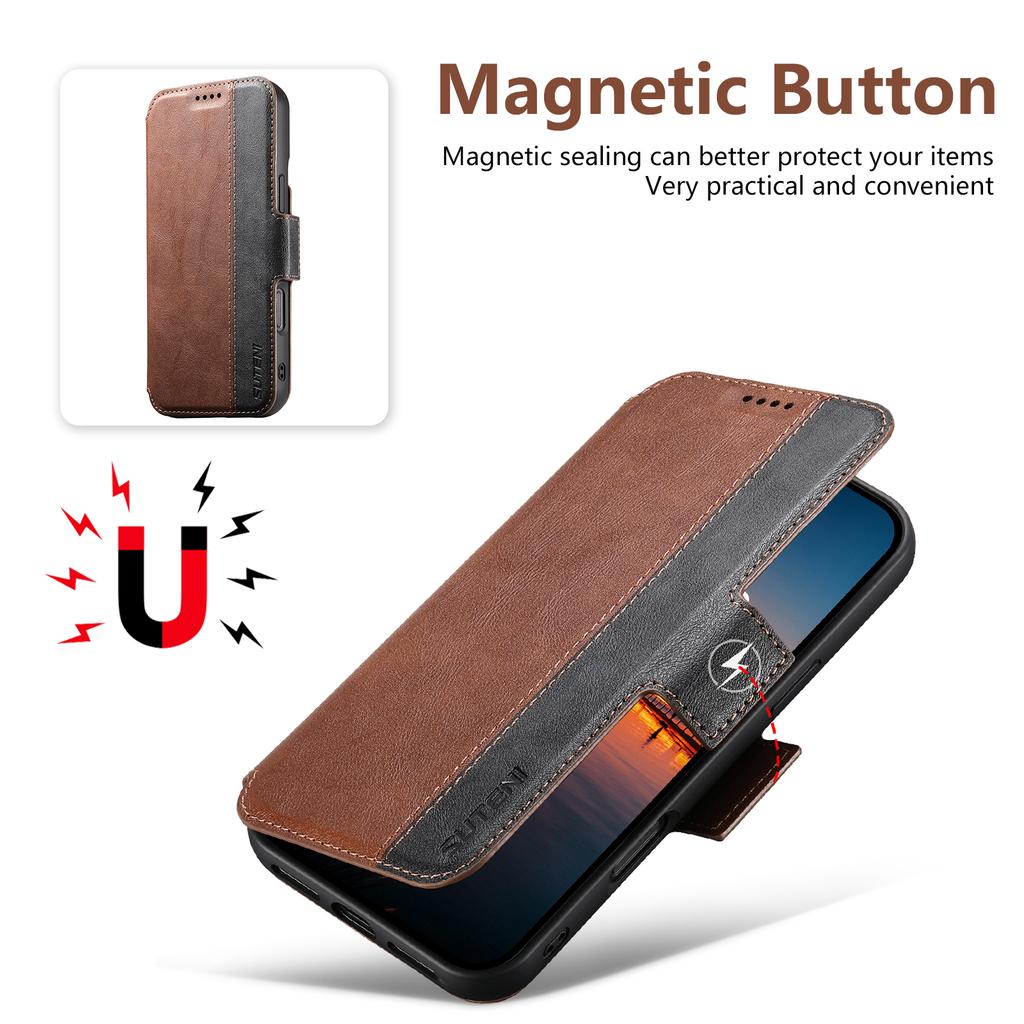 SUTENI Q-07 For iPhone 16 Case Magnetic Color Splicing Cowhide Texture Leather Cover