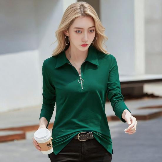 Женская футболка Лацкан Молния Полупланка Длинный рукав Пуловер Топы Однотонная Приталенная Эластичная Повседневная Футболка Работа Вечеринка Отпуск Ежедневная носка
