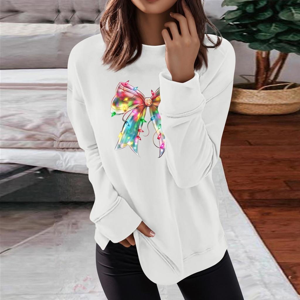 Women's Fashion Casual Christmas Bow Printed Round Neck Top