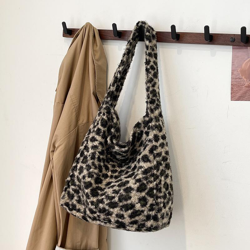 Bag Women'S Fashion Imitation Lamb Plush Large Capacity Shoulder Bag Leopard Print Tote Bag