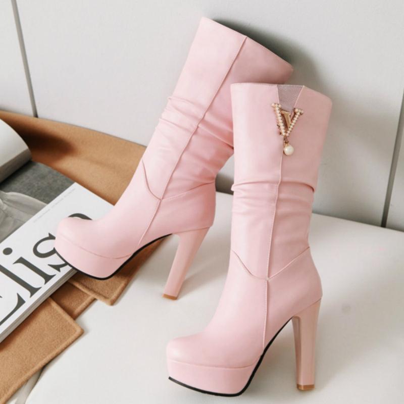 Элегантные розовые белые полусапожки женские осенне-зимние длинные сапоги на платформе женские туфли без застежек роскошные туфли на высоком каблуке с кристаллами для вечеринок