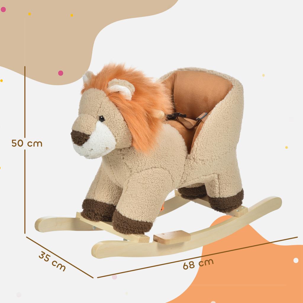 Kids Lion Themed Rocking Horse With Roaring Sound Button Seatbelt Brown
