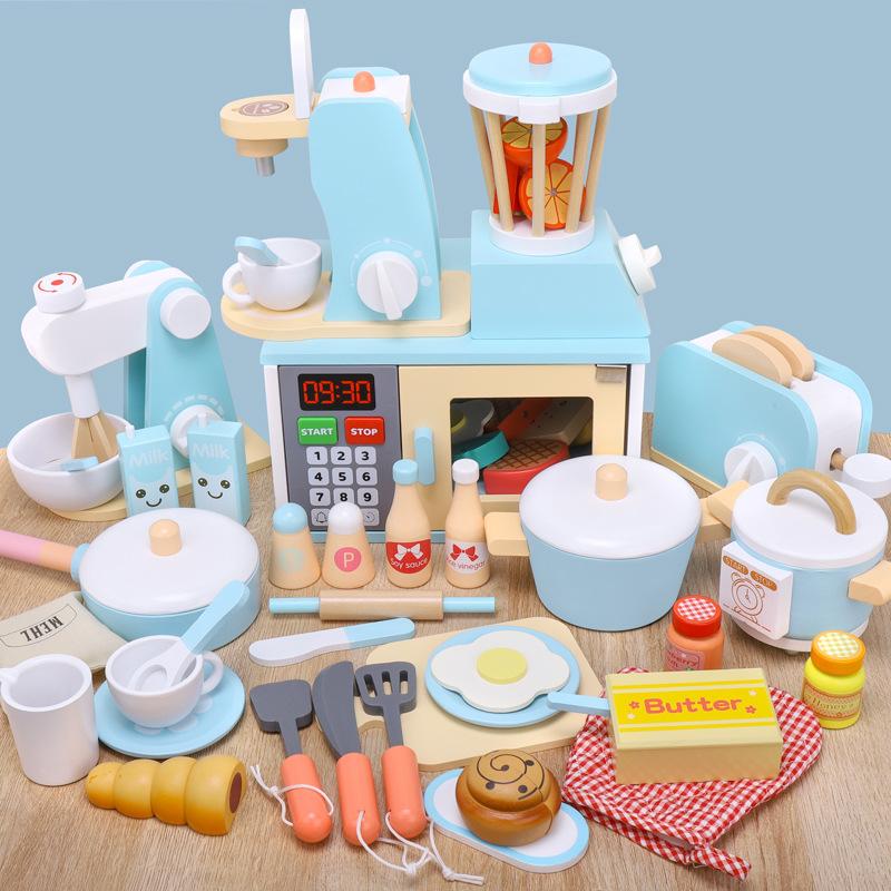 Playing House Wooden Kitchen Home Appliances Toys Children's Simulation Oven Bread Maker Juicer Cutting Music Kitchenware