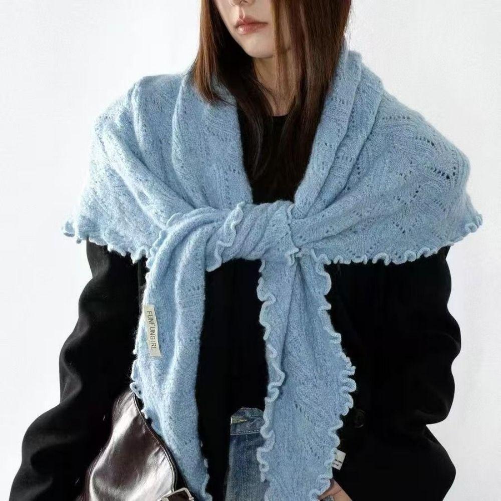 Ruffled Edge Knitting Scarf Soft Breathable Hollow Scarf Triangular Scarf Spring Autumn Winter
