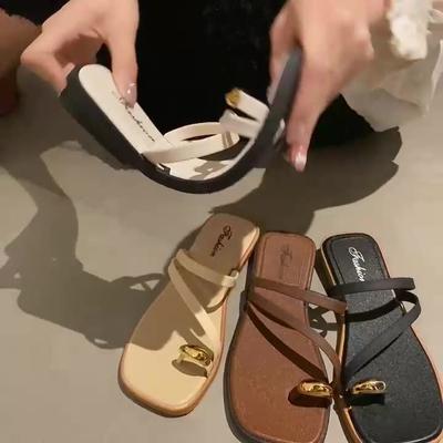 Женские весенние однотонные шлепанцы для улицы, летние повседневные нескользящие пляжные сандалии на плоской подошве размером 36-40