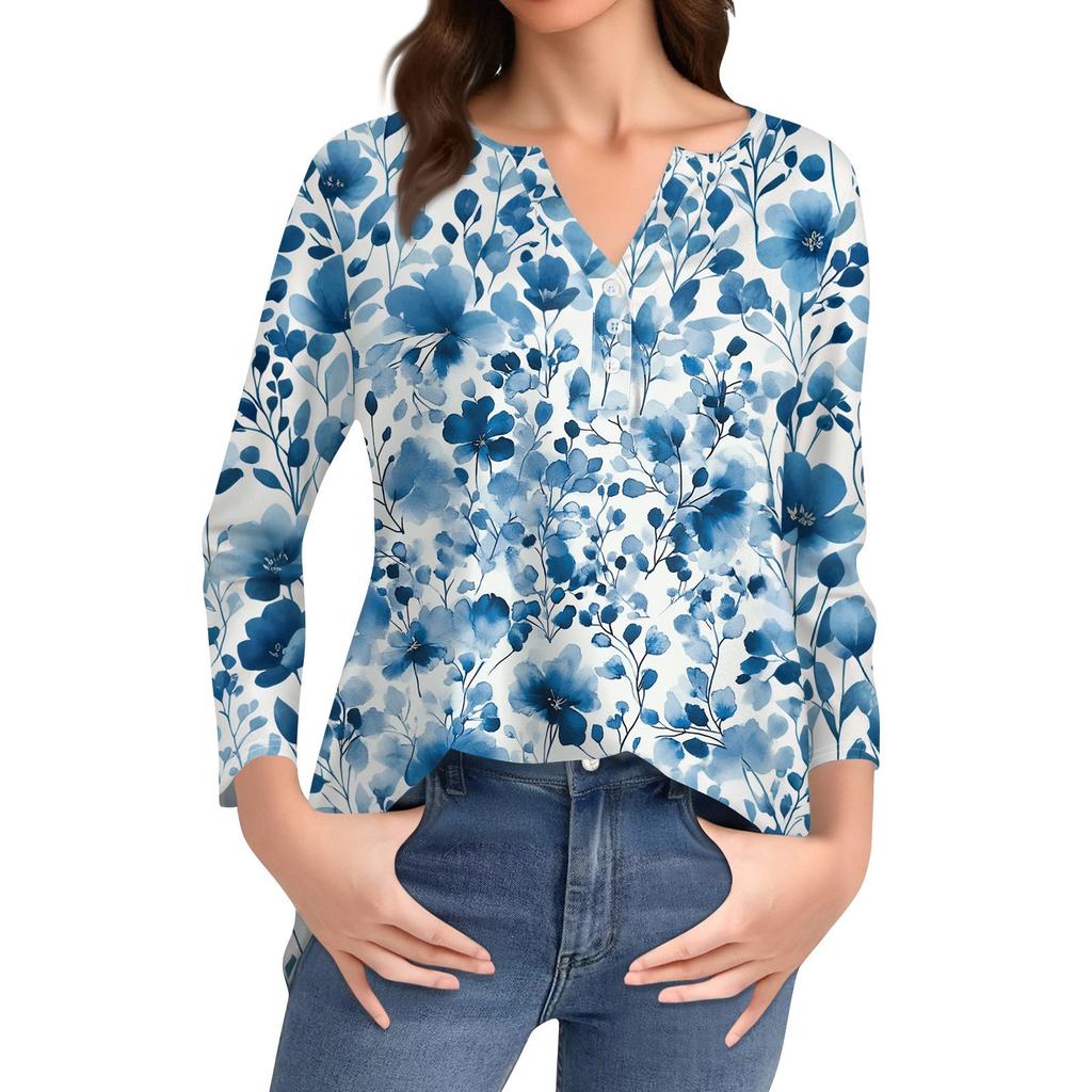 Women's T Shirt Print Button 3/4 Sleeve Daily Weekend Fashion Basic V- Neck Regular Top