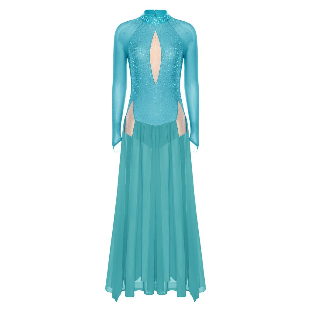 Женское блестящее платье для лирического танца со стразами, с длинным рукавом, открытой спиной, шифоновой юбкой с разрезом, цельный купальник-платье