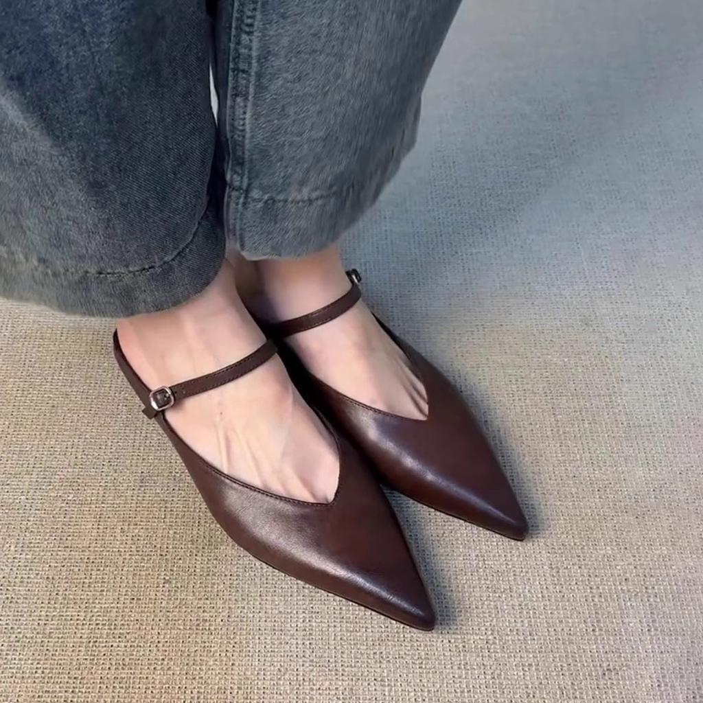 Sheepskin Version~ New Pointed Thick-soled Bag Head Half Slippers French Retro One-word Buckle Strap Fashionable Light Mouth Mueller Shoes