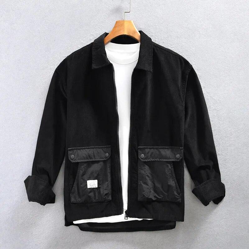 Новая модная рубашка с длинным рукавом на молнии для мужчин, повседневная рубашка цвета хаки с лацканами, большие карманы, вельветовая рубашка из чистого хлопка, свободный мужской топ