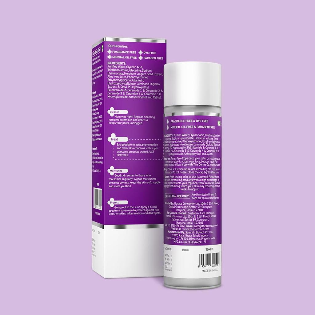The Derma Co 7-процентный гликолевый кислотный увлажняющий тоник для лица, тела, подмышек, кожи головы, уход для сияния, 150 мл, упаковка из 2 шт.