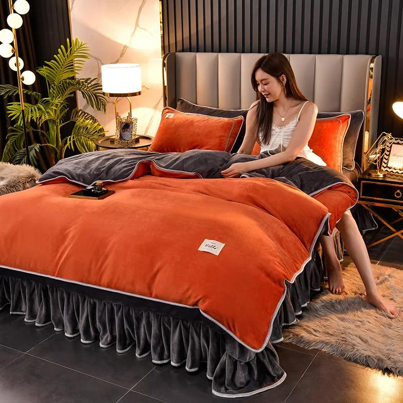Зимний костюм-четверка из кораллового бархата с двухсторонним утолщением из бархата Falai, фланель молочного бархата, постельное белье, пододеяльник, юбка для кровати
