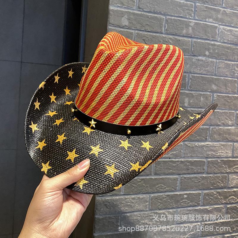Star men's and women's western denim new straw hat star striped outdoor sunshade sun protection hat jazz hat