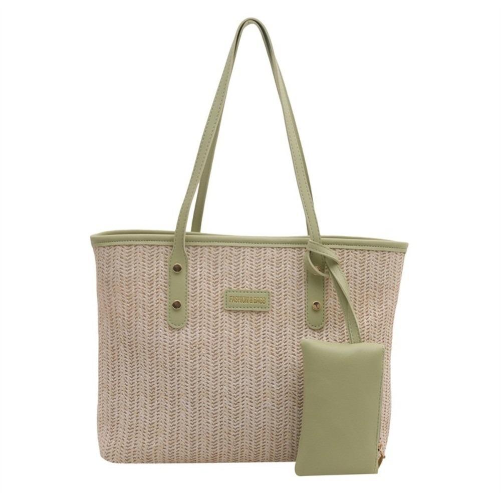 PU Weave Tote Bag Solid Color Beach Straw Handbag Simple Straw Shoulder Bag Women
