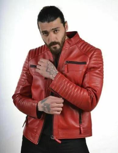 Стильная мужская куртка ручной работы КРАСНОГО цвета из натуральной кожи ягненка для мотоциклистов и байкеров