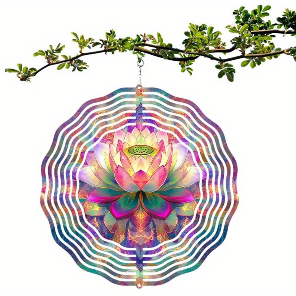 10-Inch Bohemian Style Metal Mandala Flower Wind Chime - Vibrant Double-Sided Print, Battery-Free with Hook, Ideal for Garden & Patio Decor