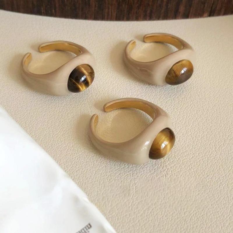 Milk Tea Color Dripping Oil Tiger'S Eye Stone Open Ring Women'S Niche Design Sense Simple Personality Fashion Versatile Ring Ring