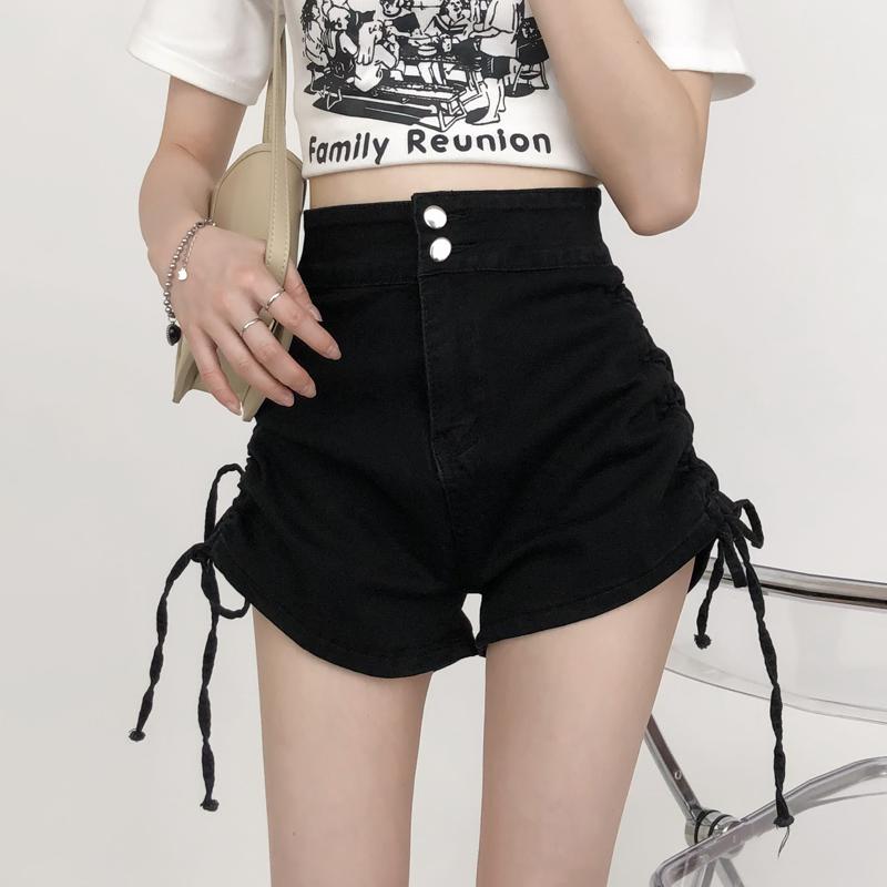 Summer High Waist Denim Shorts Korean Style Black Blue Color Side Drawstring Double Buttons Up Short Jeans
