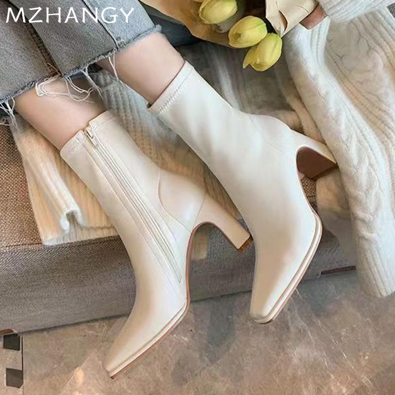 Женские кожаные ботильоны с квадратным носком и высоким каблуком, женская мода 2025 года, элегантные зимние модные зимние мотоциклетные ботинки Mujer Botas