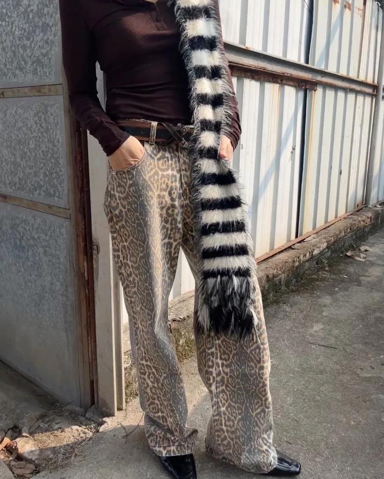 Vintage Leopard Print Jeans Baggy Women Hip Hop Streetwear Y2k Denim Trousers Grunge Aesthetic Wide Leg Jeans Oversized